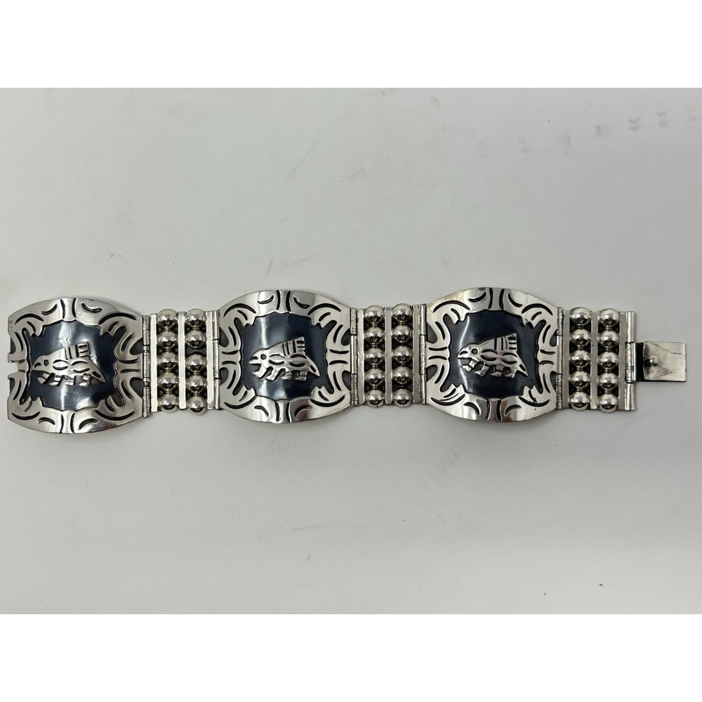 Vintage 925 Mexico Sterling Silver Porcupine Animal Panel Bracelet Heavy 2.5 oz - Picture 4 of 12